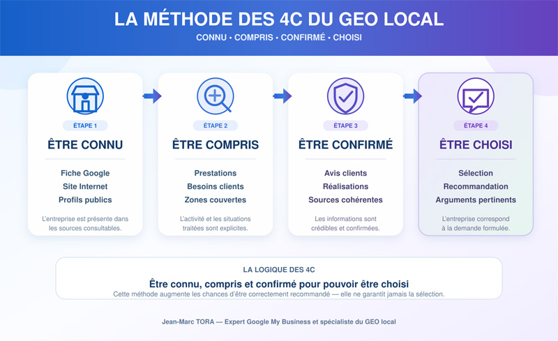 Méthode des 4C du GEO local de Jean-Marc TORA : Connu, Compris, Confirmé et Choisi